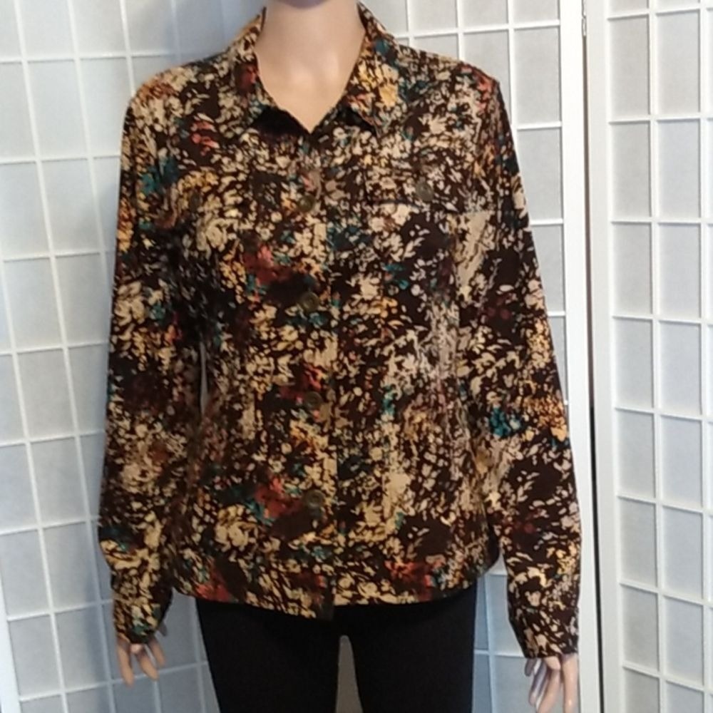 Christopher & Banks Floral Abstract Button Down Jacket Shirt Brown Gold Large